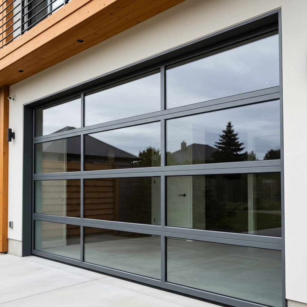 Contemporary garage door with glass panels