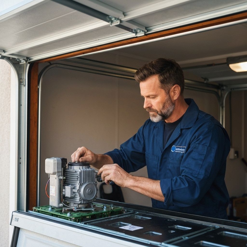 Technician working on garage door opener